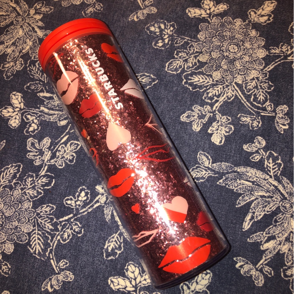 Starbucks Valentine's Day Red Lips Pink Hearts with Glitter Insulated Tumbler - Picture 5 of 11